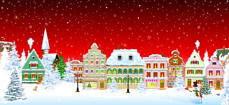 Houses, city, church, trees. Winter city landscape. Christmas Eve night. Snowflakes in the night sky. Christmas winter night scene.