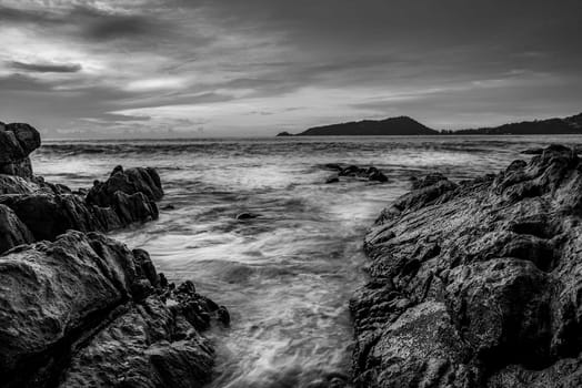 Sea sunset or sunrise with colorful of cloud sky and sunlight in twilight, Black and white and monochrome style