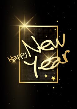 Happy New Year with Gold 3d Frame and Inscription on a Black Background with Golden Stars with Light Effects - Abstract Illustration