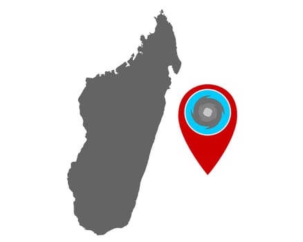 Karte von Madagaskar und Pin mit Hurrikanwarnung