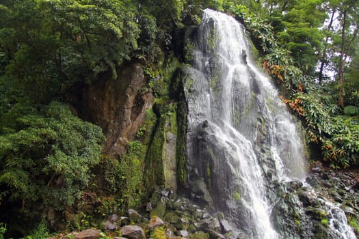 Impressing waterfall in the green nature of Azores islands