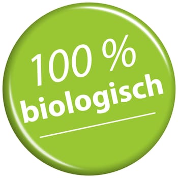 EPS 10 vector with round green colored magnet with text 100% biological (in german)