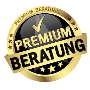 EPS 10 vector with round colored button with banner and text premium consulting (in german)