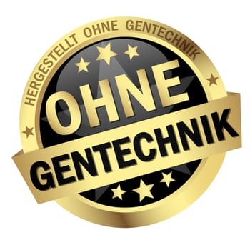 EPS 10 vector with round colored button with banner and text without genetic engineering (in german)