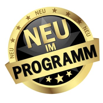 EPS 10 vector with round colored button with banner and text New in programm (in german)