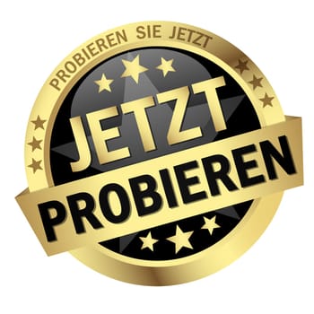 EPS 10 vector with round colored button with banner and text try now (in german)