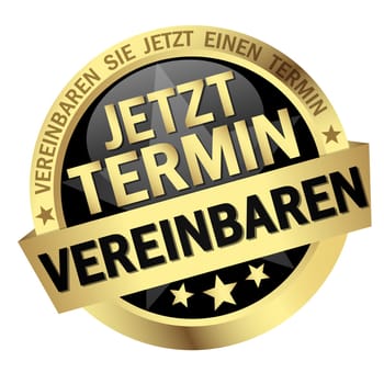 EPS 10 vector with round colored button with banner and text arrange meeting now (in german)