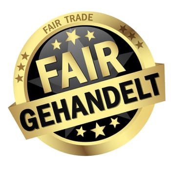 EPS 10 vector with round colored button with banner and text Fair trade (in german)