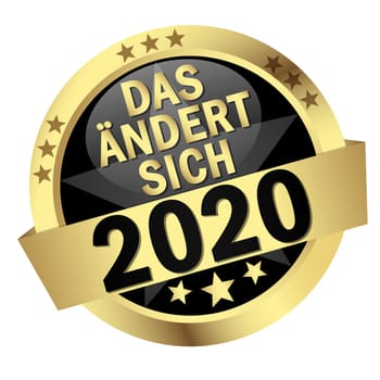 EPS 10 vector with round colored button with banner and text that changes in 2020 (in german)
