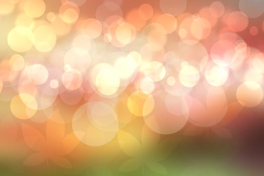 Abstract autumn gradient gold yellow pink bright background texture with leaves and bokeh circles. Indian summer. Card design with space. Beautiful backdrop.