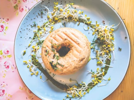 Smartphone, Bagel - Snack with soy seedlings, delicious sandwich for breakfast