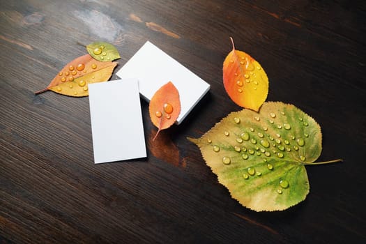 Photo of blank business cards and autumn leaves on wooden background. Template for branding ID.