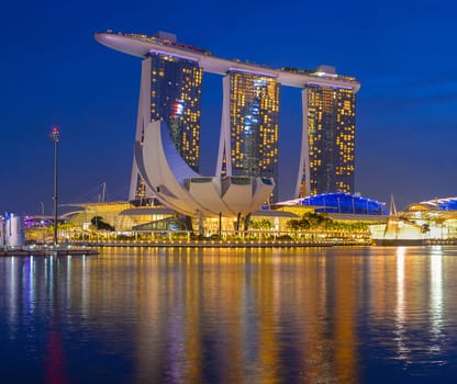 SINGAPORE - JANUARY 13, 2017: View of Singapore Marina Bay Sands Hotel at beautiful twilight