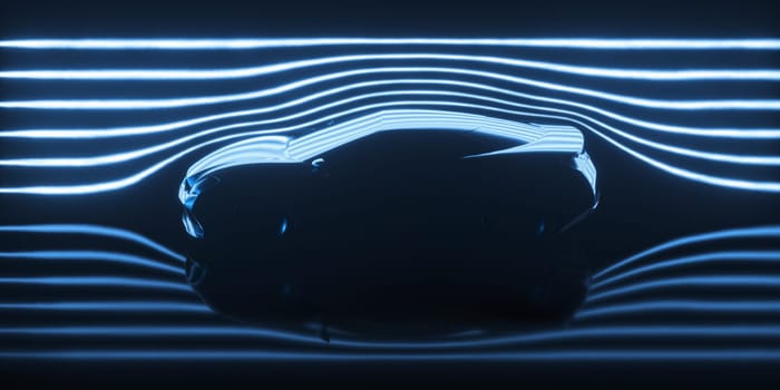 Imaginary sports car, modeled and created using CAD software. Conceptual prototype inside aerodynamic tunnel.