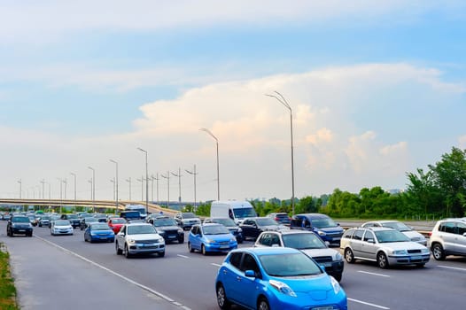 Cars in traffic jam, rush hour, city highway, Kyiv, Ukraine