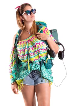 Happy hiker girl with backpack isolated in white, trekking and travel lifestyle concept