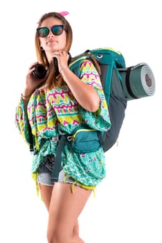 Happy hiker girl with backpack isolated in white, trekking and travel lifestyle concept