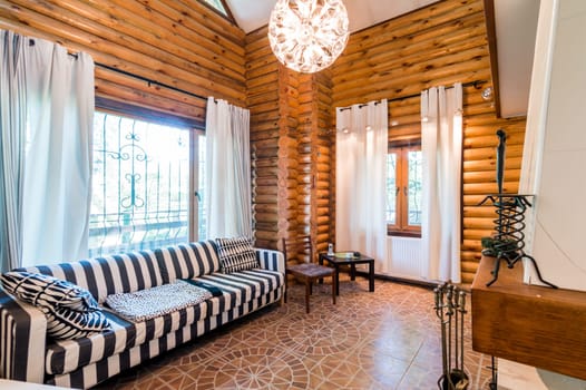 Russia, Moscow- July 06, 2019: interior room apartment. beautiful designer country house with wooden elements