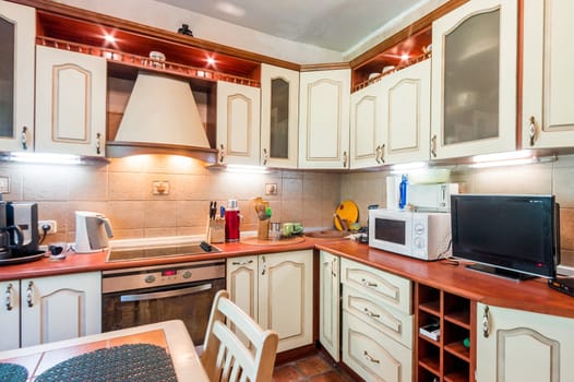 Russia, Moscow- July 06, 2019: interior room apartment. standard repair decoration in hostel. kitchen and dining room