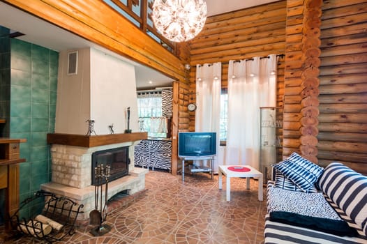 Russia, Moscow- July 06, 2019: interior room apartment. beautiful designer country house with wooden elements