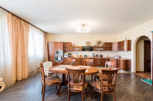 Russia, Moscow- July 06, 2019: interior room apartment. standard repair decoration in hostel. kitchen and dining room