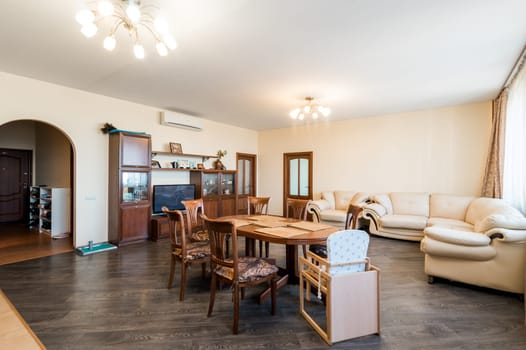 Russia, Moscow- July 06, 2019: interior room apartment. standard repair decoration in hostel. kitchen and dining room