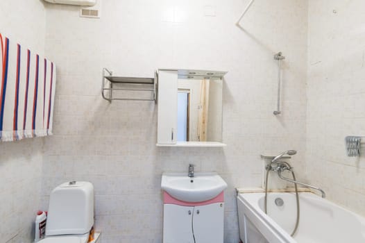 Russia, Moscow- July 06, 2019: interior room apartment. standard repair decoration in hostel. bathroom and toilet