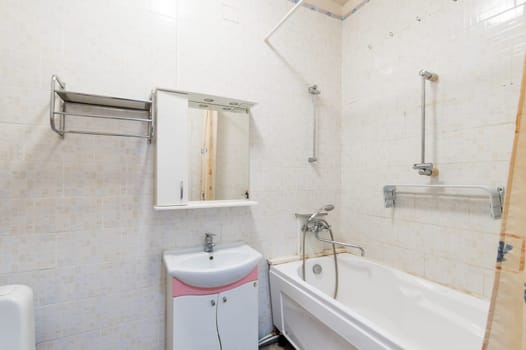 Russia, Moscow- July 06, 2019: interior room apartment. standard repair decoration in hostel. bathroom and toilet