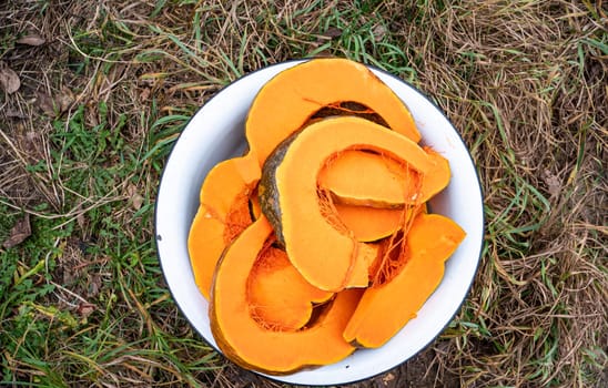 Orange pumpkin cut into pieces. Harvest. Place for text. Background image. Food photo.