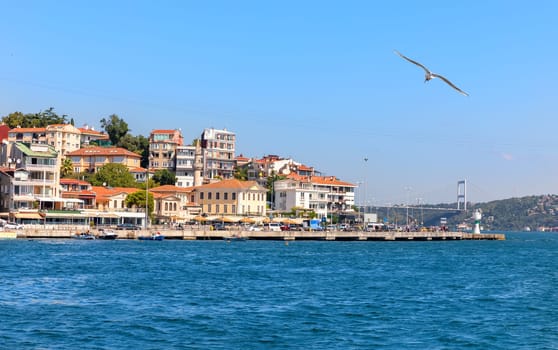 Houses on the Bosphorus and the Fatih Sultan Mehmet Bridge, Istanbul.