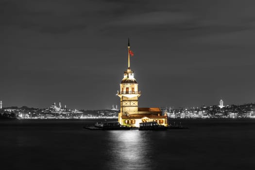 The Maiden's Tower of Istanbul, contrast night colors.