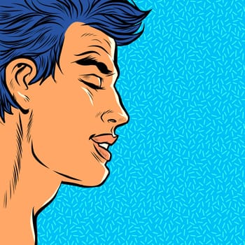 a man with his eyes closed. face kiss. feelings passion romance. Pop art retro vector illustration kitsch vintage drawing