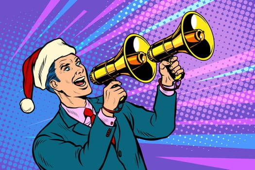 Christmas sale. Businessman advertises with megaphone. Pop art retro vector illustration kitsch vintage 50s 60s