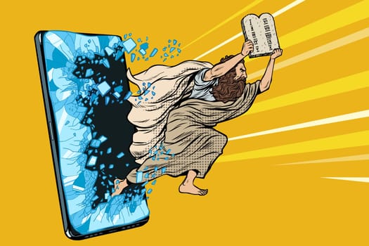 Moses the prophet with the tablets of commandments. Christian online news concept. Phone gadget smartphone. Online Internet application service program. Pop art retro vector illustration drawing vintage kitsch