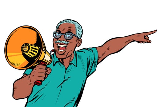 african elderly man with a megaphone. Pop art retro vector illustration drawing vintage kitsch