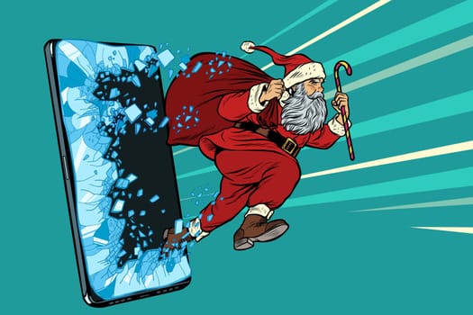 Christmas online sales concept. Santa Claus comes out of the smartphone. Online Internet application service program. Pop art retro vector illustration drawing vintage kitsch