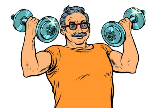elderly man lifts dumbbells, fitness sport. Pop art retro vector illustration drawing vintage kitsch