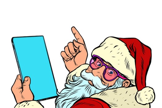 Santa Claus with a tablet. New year and Christmas online sales concept. merry Christmas and happy new year. Pop art retro vector illustration vintage kitsch drawing 50s 60s