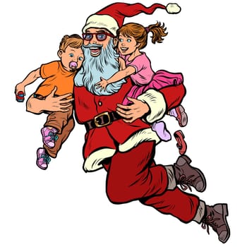 Santa Claus with children. Christmas and New year. Pop art retro vector illustration kitsch vintage