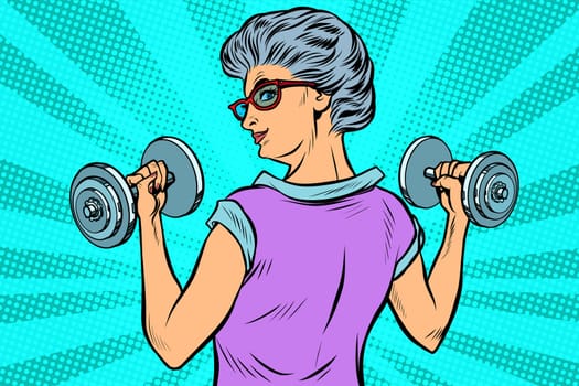 fitness dumbbells sport activity Woman grandmother pensioner elderly lady. Pop art retro vector illustration drawing vintage kitsch