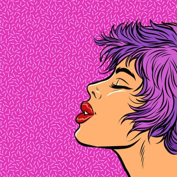 a woman with his eyes closed. face kiss. feelings passion romance. Pop art retro vector illustration kitsch vintage drawing