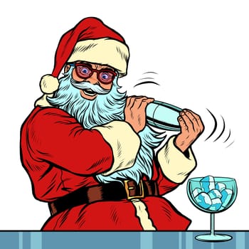 Santa Claus makes Christmas cocktail with ice for new year party. Santa Claus character merry Christmas and happy new year. Pop art retro vector illustration vintage kitsch drawing 50s 60s
