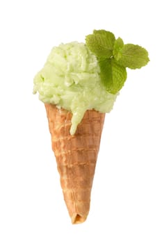 Green ice-cream cone isolated on white background.