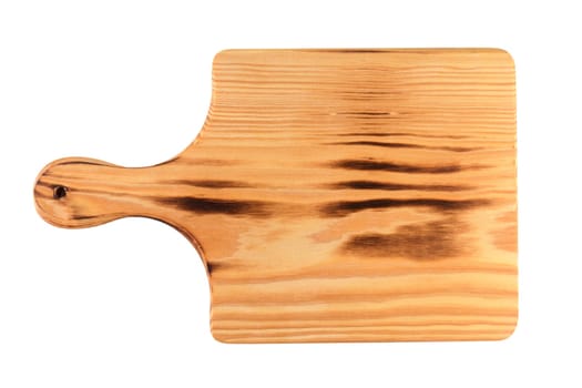 Rectangle shaped brown used wood kitchen cutting board  isolated on white background.