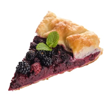 Homemade pie slice isolated on white background.