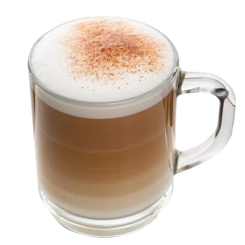 Glass cup mix latte coffee foam, white background