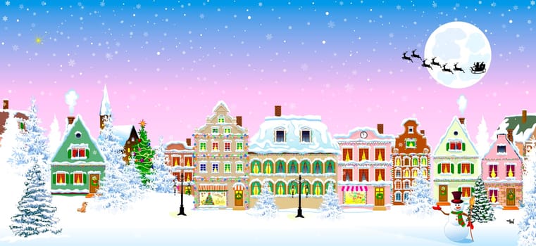 Houses, city, church, trees. Winter city landscape. Christmas Eve night. Snowflakes in the night sky. Silhouette of Santa Claus on a sleigh with deers on the background of the moon. Christmas winter night scene.
