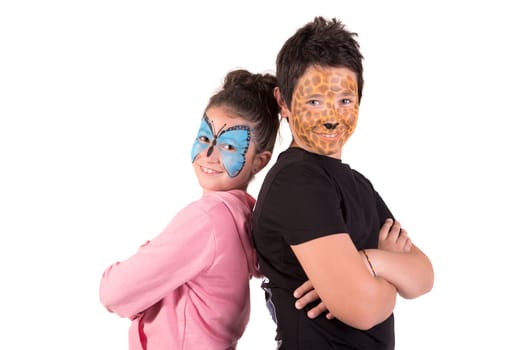 Children's couple with animal face-paint isolated in white