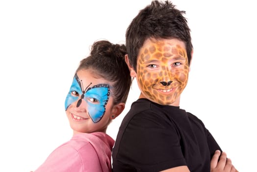 Children's couple with animal face-paint isolated in white