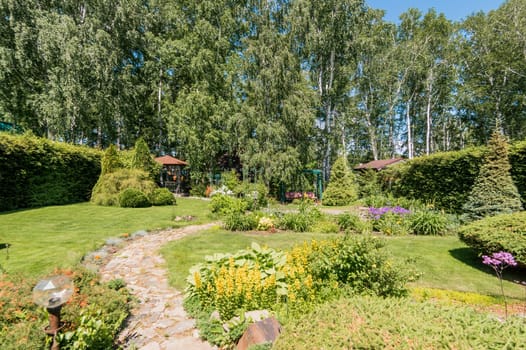 Russia, Moscow- July 06, 2019: green coniferous garden, spruce fir-tree plants by the country house. beautiful landscaping